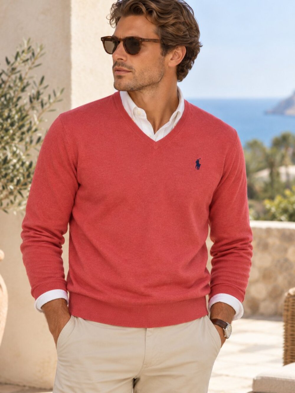 Polo Ralph Lauren Pima Cotton V-Neck Sweater Coral Pink NWT M Preppy Heritage